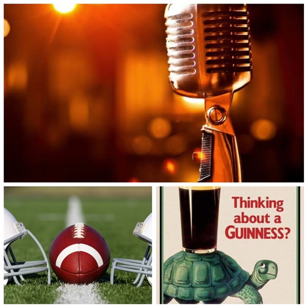 Collage of a vintage microphone, a football with helmets, and a Guinness advertisement with a turtle.