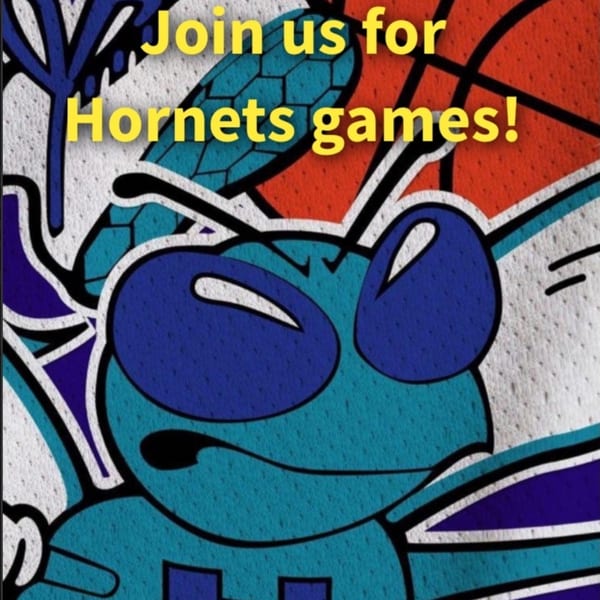 A graphic of the Charlotte Hornets mascot with text "Join us for Hornets games!"