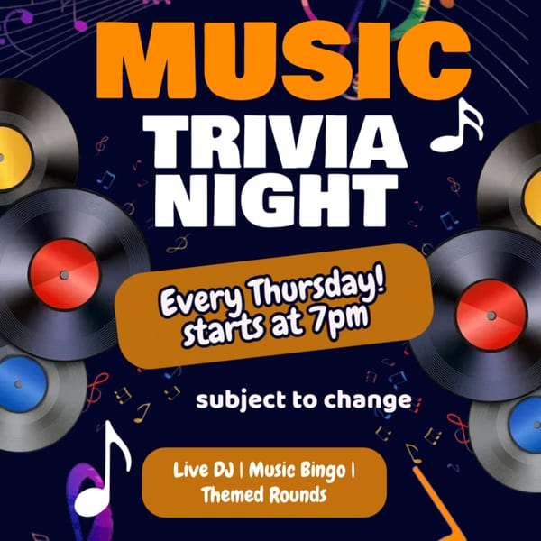 A dark blue poster with orange and white text advertising "Music Trivia Night" with vinyl records and musical notes.