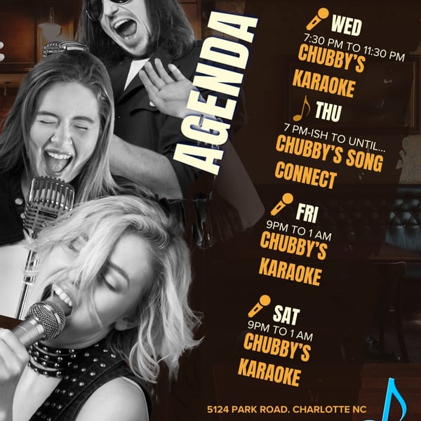 Three people singing karaoke with microphones, overlaid with Lucky Lou's Tavern's event schedule.